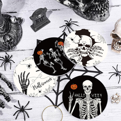 Whaline 4Pcs Halloween Ceramic Coasters Skeleton Pumpkin Drink Coasters Absorbent Cup Mat for Mug Cup Home Kitchen Party Table Decor