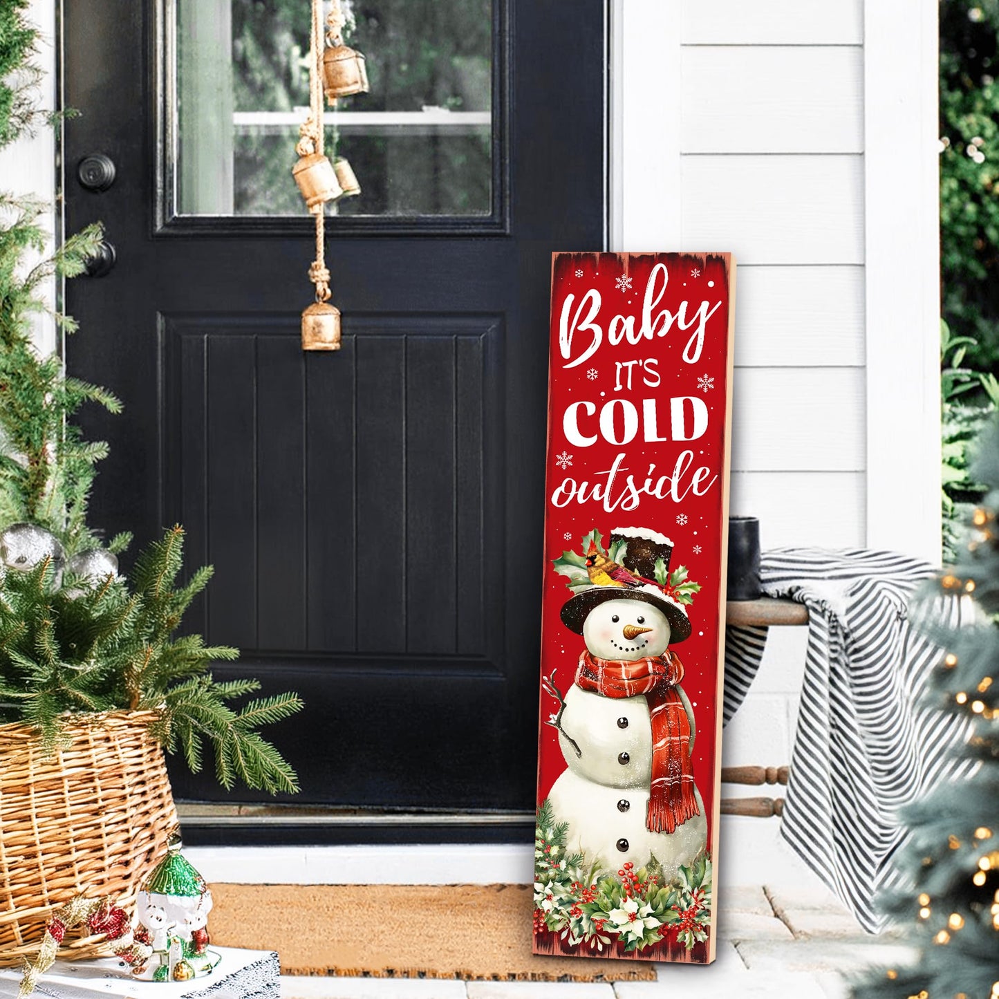 Christmas Snowman "Baby It’s Cold Outside" Porch Sign 31.5" Rustic Welcome Sign for Front Door Farmhouse Style Standing Porch Decoration