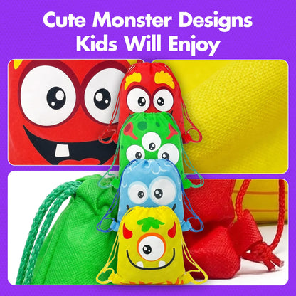 Podzly Drawstring Bags Bulk 12 Pack – Monster Themed Drawstring Backpack Bulk – 12" x 15" Washable Polyester Cinch Sackpack – Kids Party Favor Goody Bags for Halloween, Birthday, Dulceros Fiestas