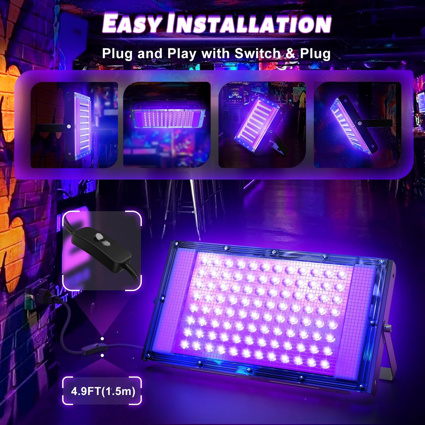 100W LED Black Light, Powerful UV Spotlight, IP66, 395nm UV Lamp for Christmas, Halloween Glow Party (1 Pack)