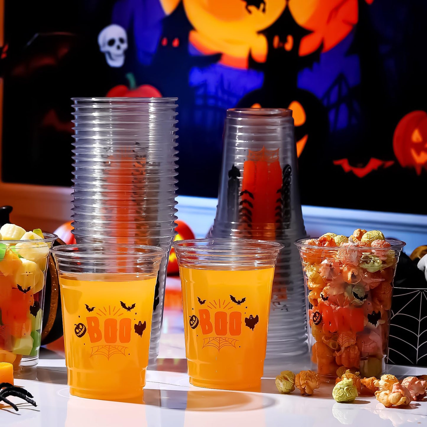 Tiangrid 100 Pcs Halloween Plastic Cups Bulk 16 oz Disposable Halloween Boo Party Cups Spooky Clear Plastic Glasses for Trick or Treat Scary Party Supplies Cold Drinks
