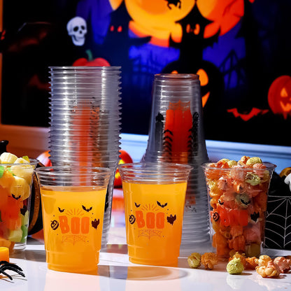 Tiangrid 100 Pcs Halloween Plastic Cups Bulk 16 oz Disposable Halloween Boo Party Cups Spooky Clear Plastic Glasses for Trick or Treat Scary Party Supplies Cold Drinks