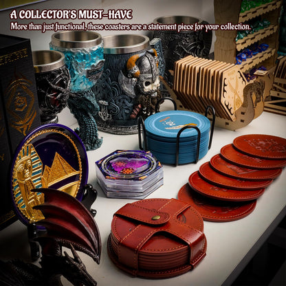 CZYY DND Coaster Set, Set of 6 Faux Leather Coasters with Storage Holder, Embossed with Dragon, Beholder, Mimic, Cthulhu, D20 & Dungeon Master, DND Inspired Gift for DM & Gamer