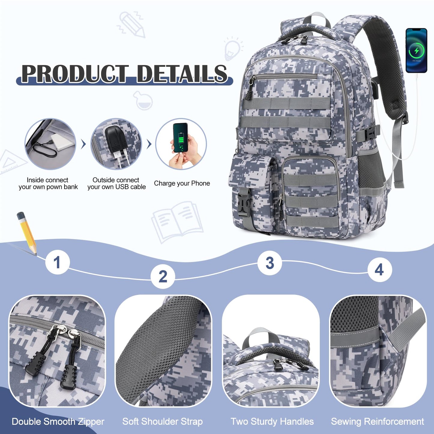 DIGOBAY Camo Backpack for Boys, Tactical Boys Backpack for School, Kids Backpack With Lunch Box Pencil Case USB Charging Port Military Army Book Bags for Boy Teens Kids Elementary Middle High School