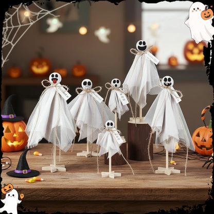 AceOrbit 6 Pcs Halloween Primitive Ghost Table Decor, Rustic Ghost Wooden Stand Sign Boho Farmhouse Wood Spooky Table Centerpieces for Halloween Office Indoor Party Decoration Supplies (Mixed Style)