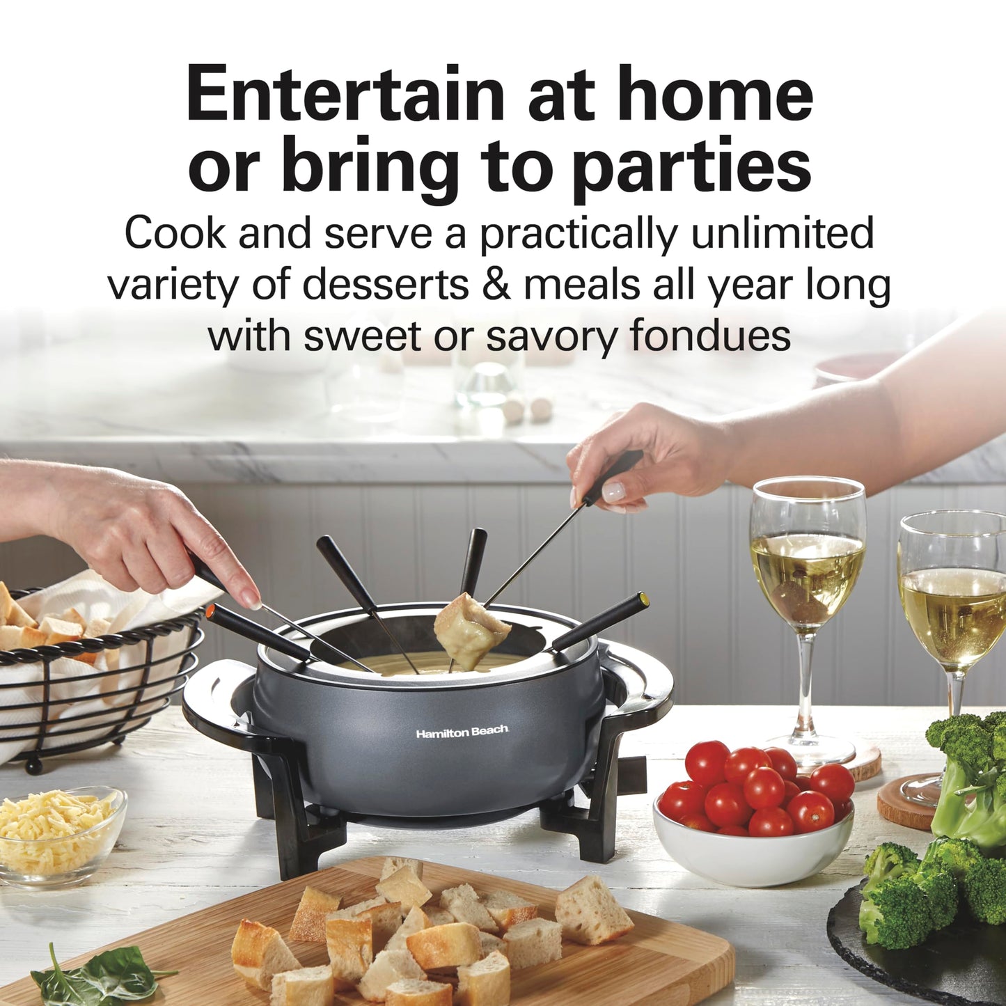 Hamilton Beach 12 Cup Electric Fondue Pot Set with Temperature Control, 6-Color Coded Forks, for Cheese, Chocolate, Hot Oil, Broth, 3 Quart PFAS-Free Nonstick Interior, Gray (86202)