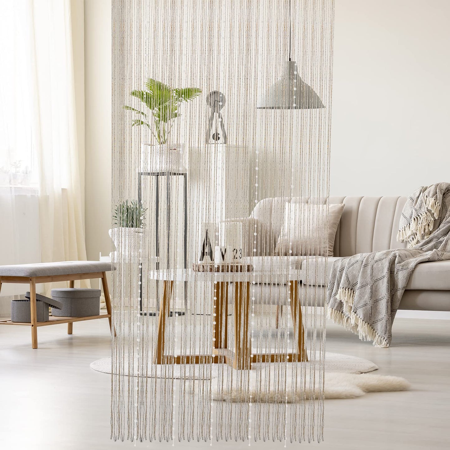HANTURE Silver Beaded String Curtains for Doorways 36 x 77 Inch Crystal Tassel Beaded Curtain for Door Hanging String Beads Curtains Fringe Screen Panel for Wedding Office Home Decor