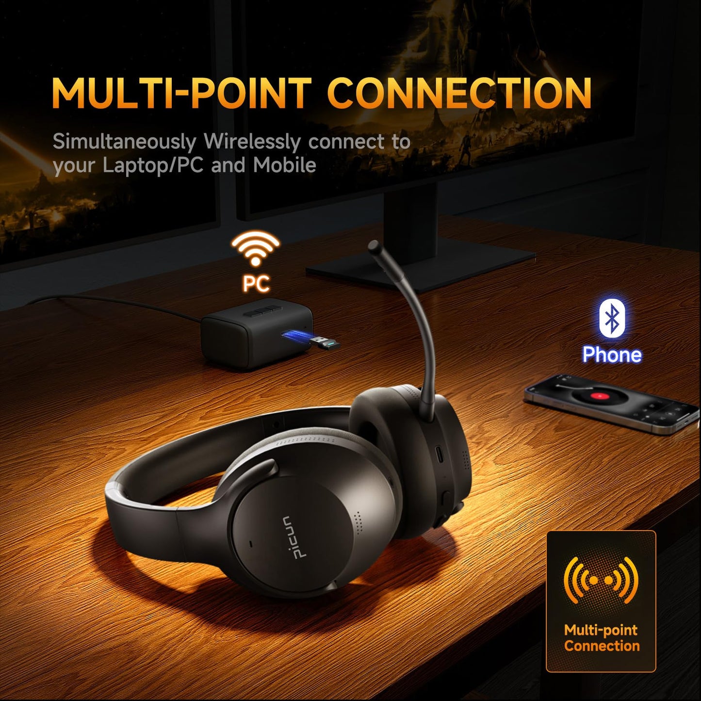 Picun Wireless Gaming Headsets with Active Noise Cancelling, 2.4Ghz/Bluetooth Over Ear Headphones with Detachable Boom Mic, 3D Surround Sound, 50H Playtime for PC, PS5/PS4, Laptop, Cellphones (Black)