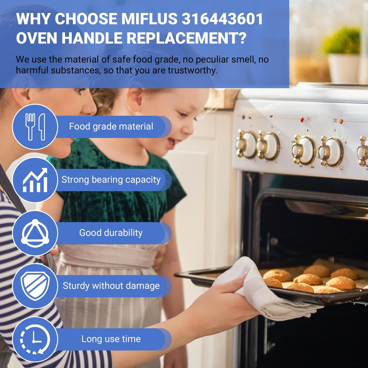 MIFLUS 316443601 Oven Door Handle Compatible for Ken-More Elec-trolux Frigi-daire Electric Oven Range Stove Handle Replacement with 2 * 316433300 Range Handle Screws/Ken.More Oven Handle