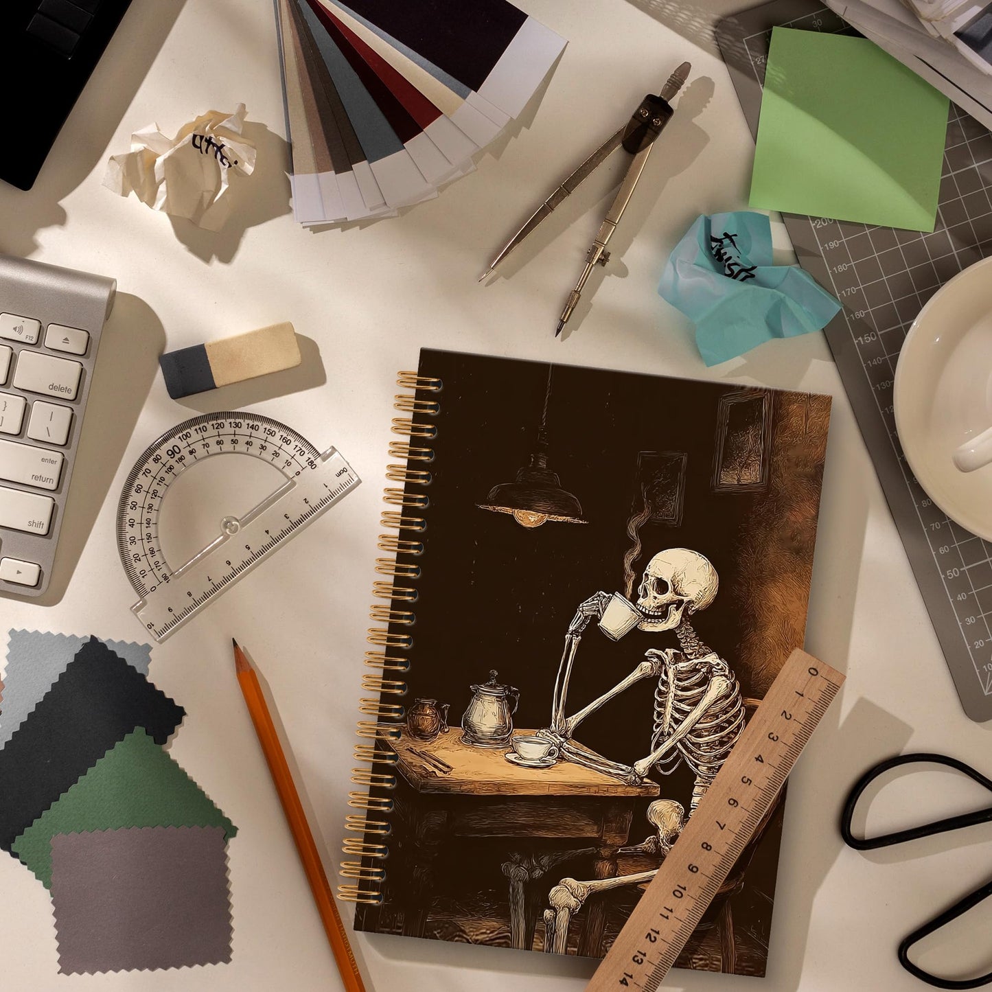 OINDADE Gothic Halloween Skeleton Notebook Journal, Funny Coffee Lover Gifts Spiral Notebook, Spooky Skull Drink Coffee Notebooks Gifts for CoffeeLovers Men Women, Goth School Office Supplies,6x8.2In