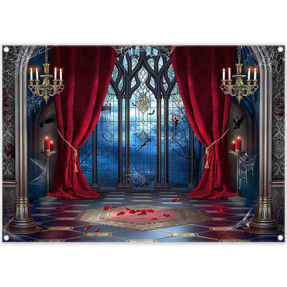 YCUCUEI 7x5ft Fabric Halloween Vampire Medieval Castle Backdrop Gothic Window Red Curtain Bats Photography Background Haunted House Party Decor Photo Props