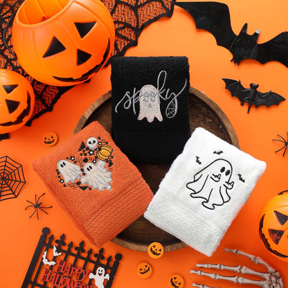FuWeave 3 Pcs Halloween Hand Towels Funny Spooky Ghost Embroidered Decorative Hand Towels for Bathroom Kitchen Decor Set, 100% Cotton, 13.3 x 29.5 Inches