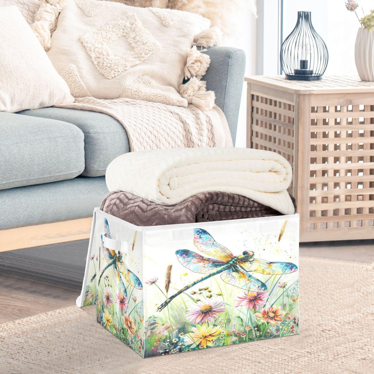 senya Baskets Collapsible Storage Bins with Lids, Dragonfly Wildflowers Painting Storage Boxes Clothes Baskets for Organizing