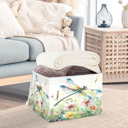 senya Baskets Collapsible Storage Bins with Lids, Dragonfly Wildflowers Painting Storage Boxes Clothes Baskets for Organizing