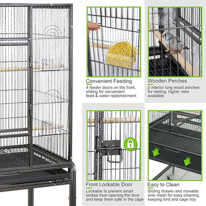 53-Inch Standing Wrought Iron Birdcage Large Parrot Flight Bird Cage with Rolling Stand Birdcages for Cockatiels African Grey Quaker Lovebird Canary Budgie Finch