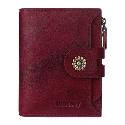 Blucoay Wallet Women,RFID Blocking Real Leather Womens Wallet Bifold Compact Card Holder Small Wallet for Women with Removable ID Window Red