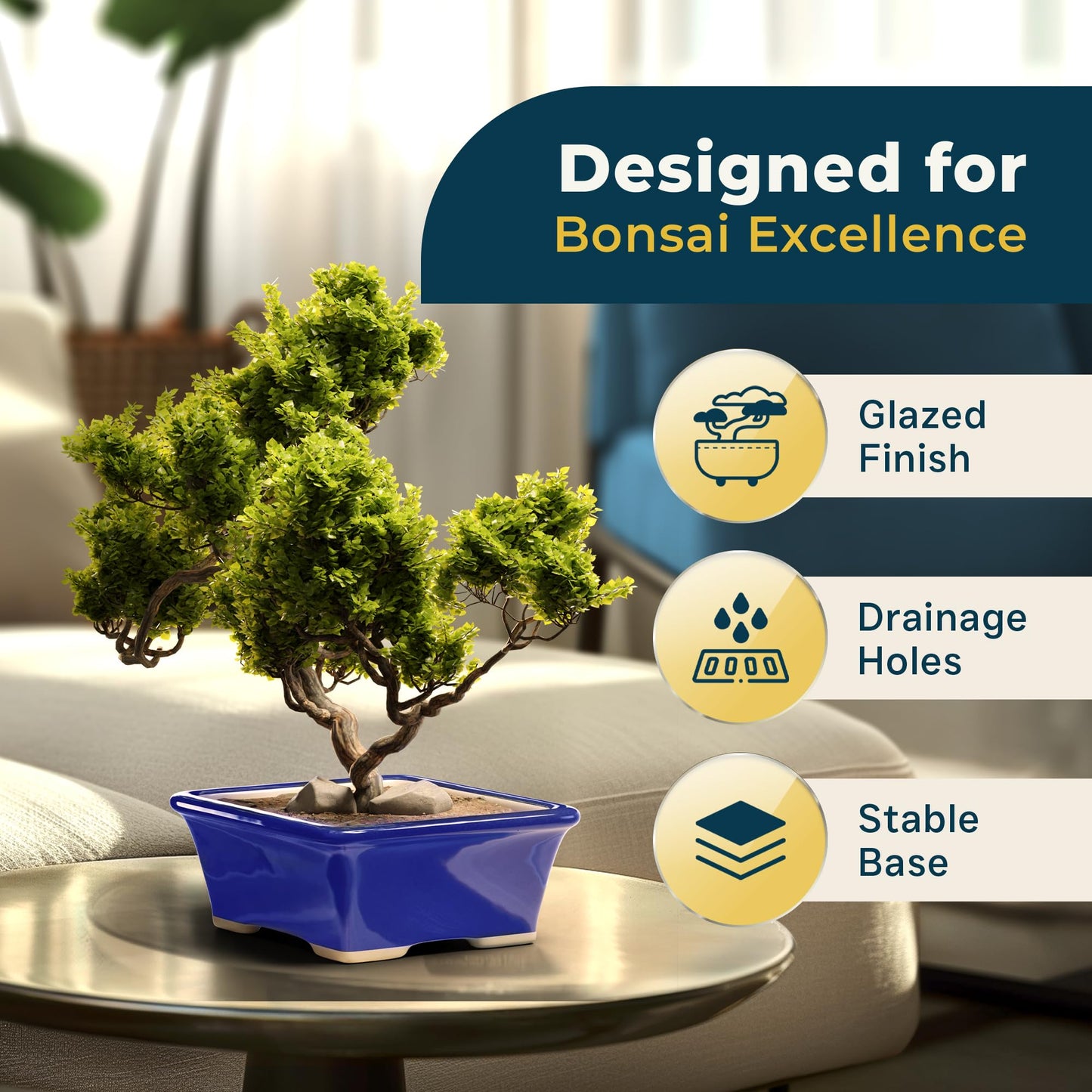 Leaves and Soul Blue Rectangular Bonsai Pot Ceramic Planter | Glazed Small Bonsai Tree Pot with Drainage for Succulents & Indoor Plants | Decorative Bonsai Planter for Tables, Home & Garden Décor