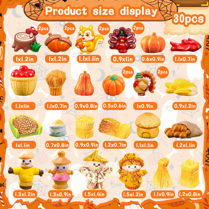 Bbiamsleep 30 Pcs Thanksgiving Mini Figurines Miniature Resin Fall Autumn Pumpkins Scarecrow Turkey for Autumn Home Table Tray Harvest Thanksgiving Decorations