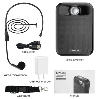 Portable Voice Amplifier, Towevine Rechargeable Microphone for Teachers, Speaker with Headset and Waistband for Classroom, Singing, Coach, Training, Presentation, Tour Guide