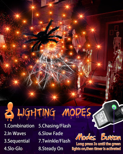 Halloween Decorations Spider Web Lights String Lights for Home, 4.9FT 96LED Waterproof Plugin Net Lights with 8 Modes & Timer, Light Up for Party Indoor Outdoor Garden Yard Haunted House(Orange)