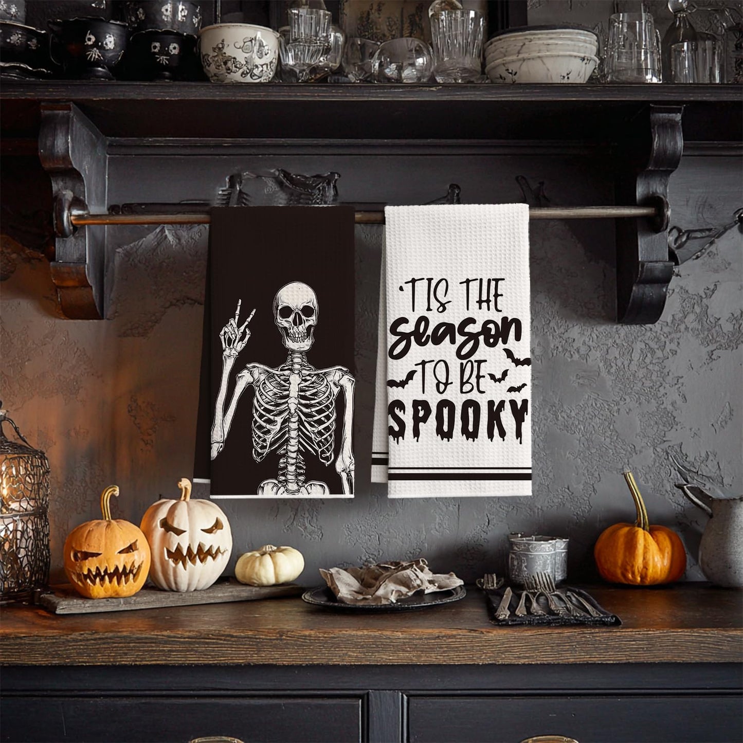 Artoid Mode Skeleton Hand Spooky Halloween Kitchen Dish Towels, 18x26 Inch Quick Dry Microfiber Hand Towels for Kitchen Drying Set of 4
