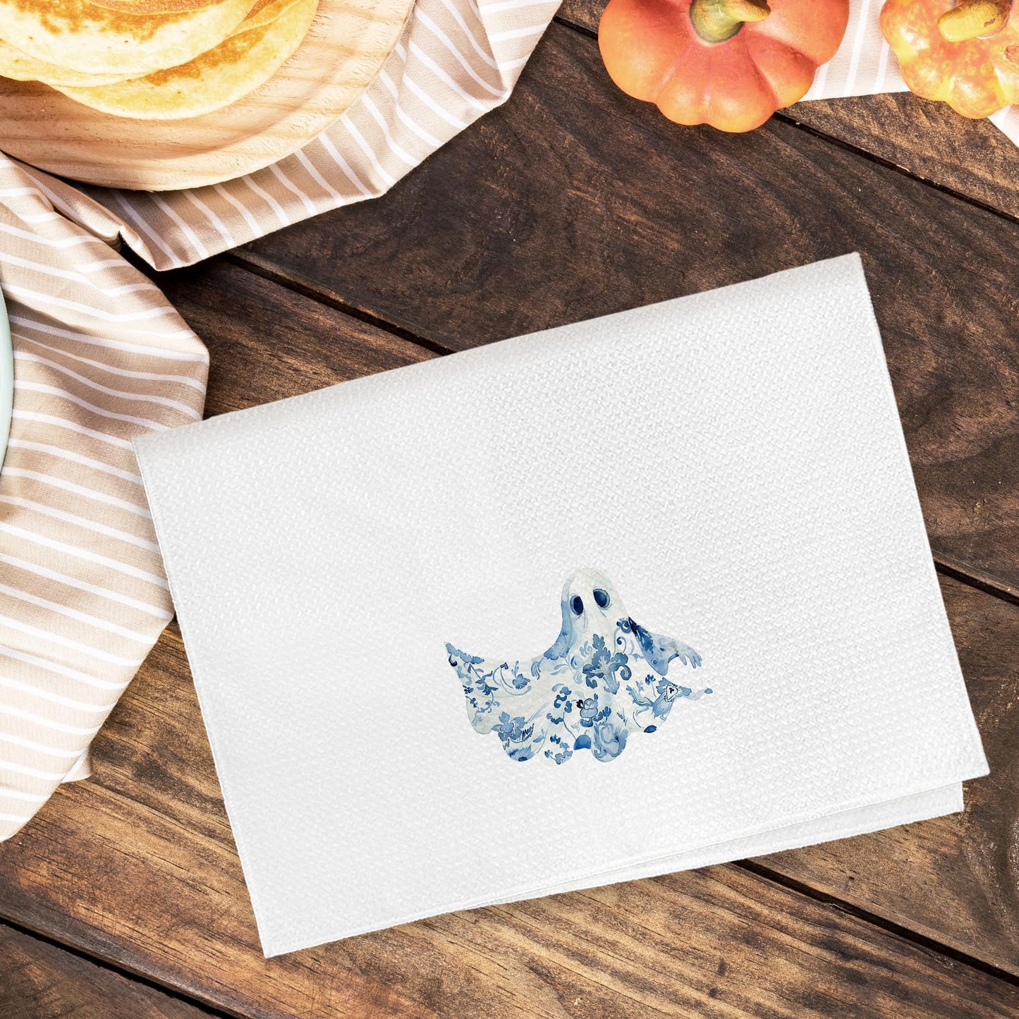 EGBTL Chinoiserie Halloween Ghost Kitchen Towels, Blue and White Chinoiserie Floral Ghost Hand Towels for Bathroom Decor, Grand Millenial Halloween Dishcloths Dish Towel for Kitchen 16x24 Inches