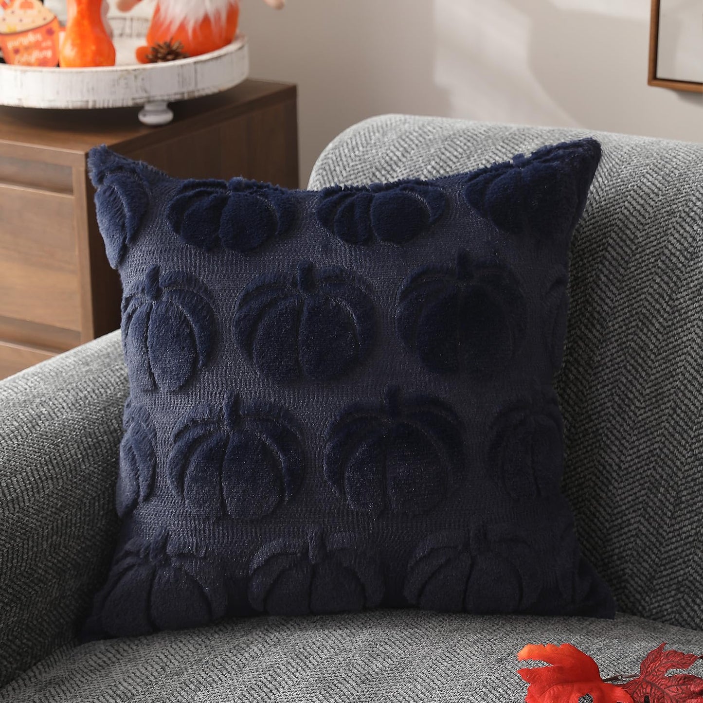 DFXSZ Fall Pillow Covers 18x18 Set of 2 Fall Decorations Autumn Navy blue Pumpkin Throw Pillow Cases Soft Plush Faux Fur Wool Couch Cushion Case for Chair Sofa Bedroom Living Room Home Decor PTK012E18