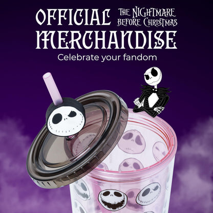 Silver Buffalo Disney Tim Burton's Nightmare Before Christmas All the Emotions of Jack Skellington Plastic Cold Cup with Lid and Straw Topper, 24 Ounces