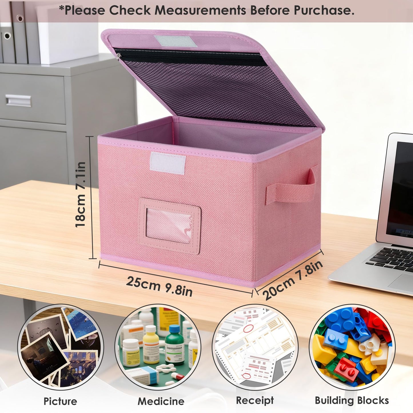 EsmeeSis Small Storage Box, Storage Basket with Lid, Foldable Cotton Linen Fabric Keepsake Box, Organizer Container with Zipper for Decorative, Medicine, Greeting Card Organizer. (Pink, 1 Pack)
