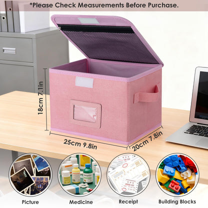EsmeeSis Small Storage Box, Storage Basket with Lid, Foldable Cotton Linen Fabric Keepsake Box, Organizer Container with Zipper for Decorative, Medicine, Greeting Card Organizer. (Pink, 1 Pack)