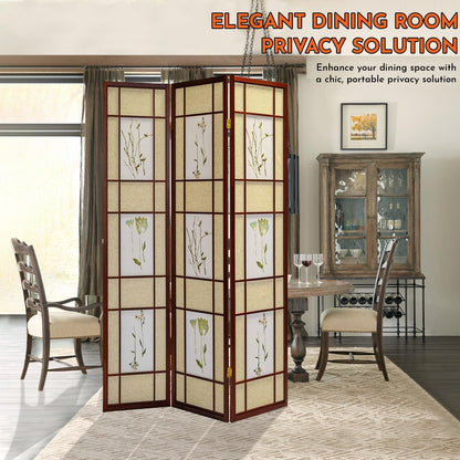 Legacy Decor Room Divider Screen - Freestanding Folding Privacy Screen, Pine Wood Indoor Room Partition, Botanical Floral Wall Divider for Bedroom, Office, Studio, 71 Inch Tall, Cherry - 4-Panel