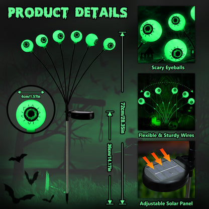 BrizLabs 4 Pack 24 LED Halloween Solar Lights, 2 Modes Outdoor Halloween Eyeball Pathway Lights, Solar Spooky Walkway Light Waterproof, Green Swaying Firefly Lighting for Path Yard Garden Lawn
