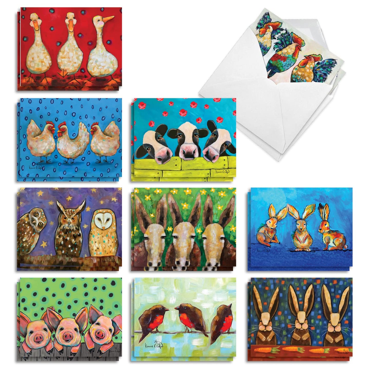 The Best Card Company - 20 Assorted Blank Note Cards Boxed Set 4 x 5.12 Inch with Envelopes (10 Designs, 2 Each) - Ducks In A Row AM10343OCB-B2x10