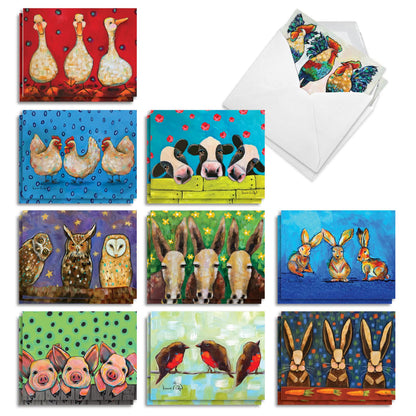 The Best Card Company - 20 Assorted Blank Note Cards Boxed Set 4 x 5.12 Inch with Envelopes (10 Designs, 2 Each) - Ducks In A Row AM10343OCB-B2x10