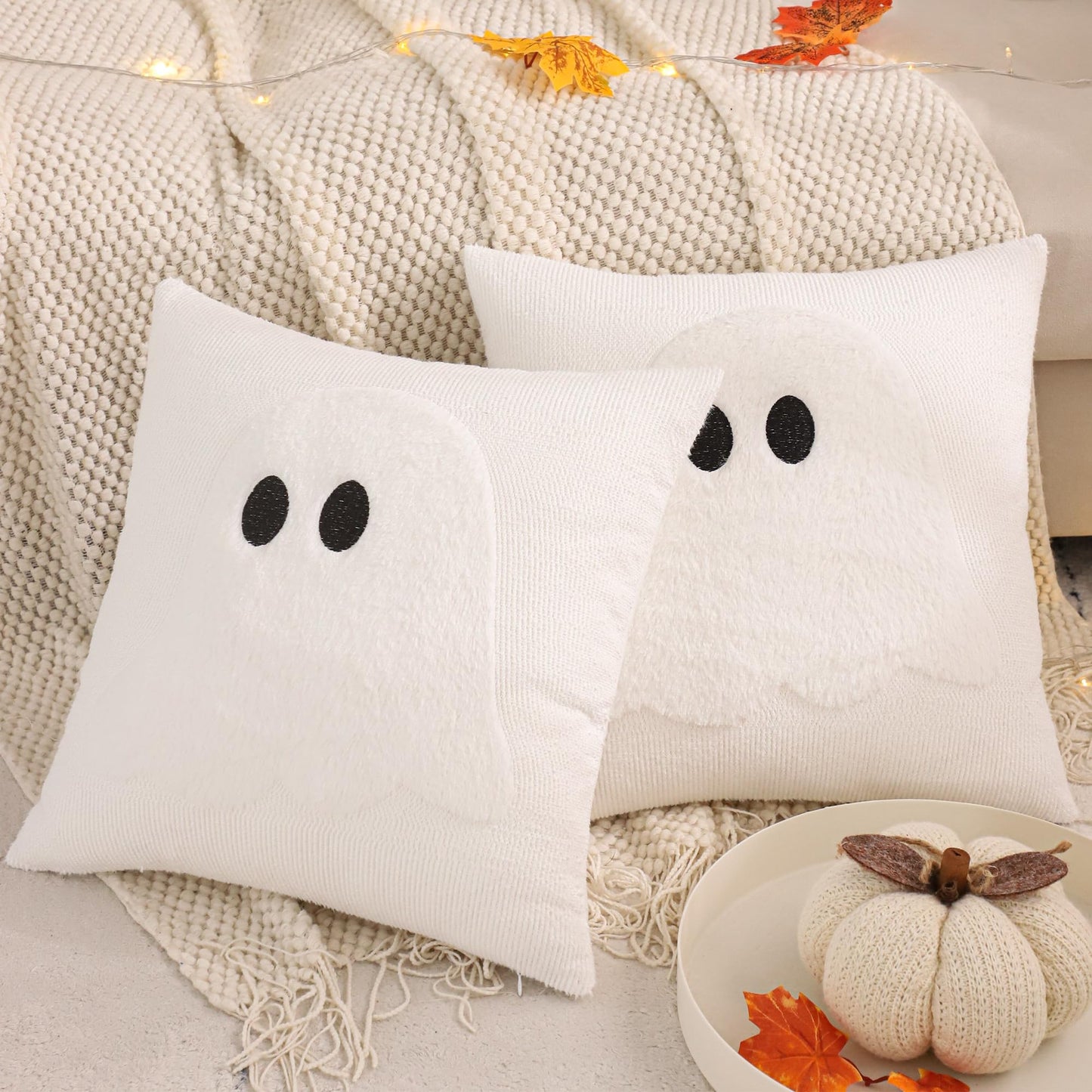 LUOYEHK Halloween Pillow Covers 18x18 Set of 2 Ghost Decorative Pillow Cases Farmhouse Plush Faux Fur Fluffy Cushion Covers for Couch Sofa Bed