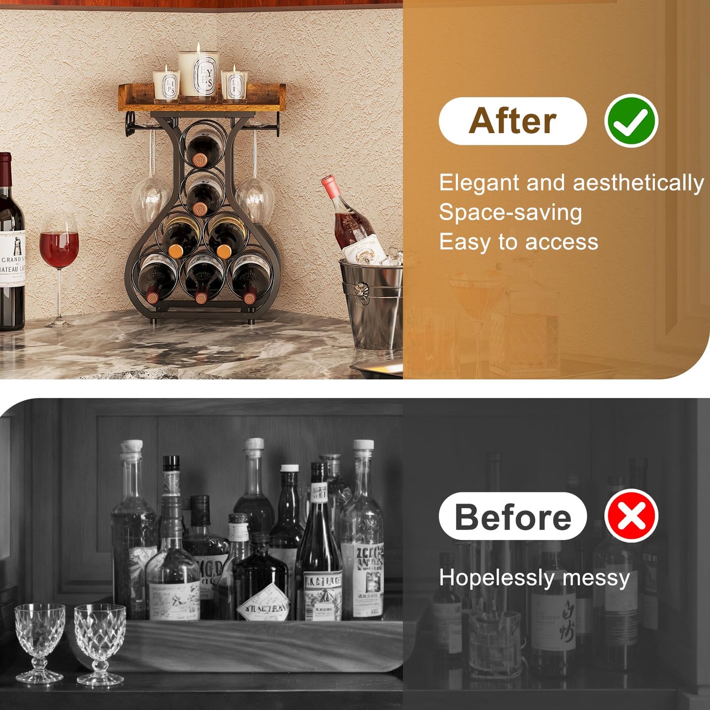 X-cosrack Wine Racks Countertop, Small Wine Rack with Wine Glass Holder, Mini Countertop Wine Rack with Tabletop Wine Storage Cabinet Shelf for Kitchen Pantry Home Bar