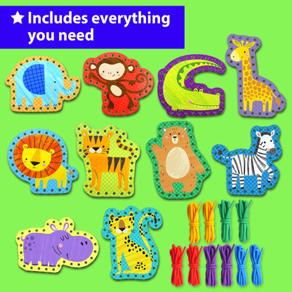KRAFUN My First Lacing Cards Kit for Toddlers & Kids Age 3+, 10 Safari Animal Arts & Crafts Projects, Fine Motor Skills Toys with Lion Monkey Elephant Tiger Giraffe Hippo Zebra Bear