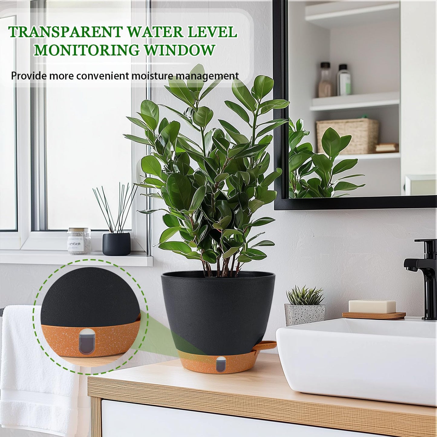 Fielda 2 Pack 8 Inch Pots for Plants Indoor, Plastic Self Watering Planters with Drainage Holes, Water Level Indicator & Deep Reservoir, Decorative Flower Pots Indoor Outdoor Use (Black