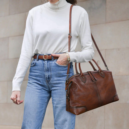 HESHE Genuine Leather Satchel Tote Bag for Women Leather Purse Large Capacity Top Handle Handbag Designer Shoulder Bags Vintage Cross Body Doctor Bag (Brown)