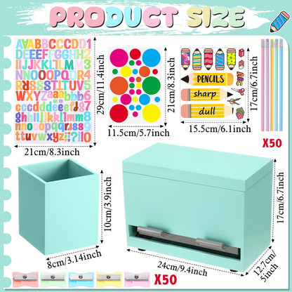 Watersay 108 Pcs Pencil Dispenser Kit for Classroom Wooden Sharp and Dull Pencil Holder 50 Pencils 50 Sharpener 6 Sticker Classroom Teacher Must Have Straw Dispenser for Back to School(Light Green)