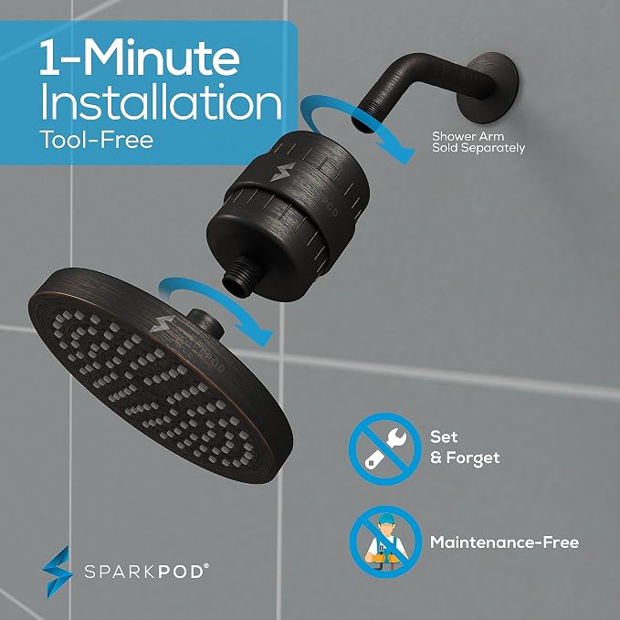SparkPod 23-Stage Filtered Shower Head, 6" Round, Oil-Rubbed Bronze | Filtered Shower Head for Hard Water Filter, High Pressure, Reduces Chlorine, Heavy Metals, For Dry Skin & Hair