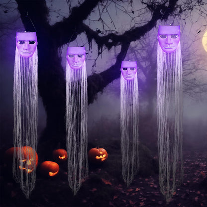 VitalCozy 4 Pcs Halloween Decorations Outdoor Hanging Ghost White Masks with Purple LED Lights Swinging Floating Glowing Ghost Light up Halloween Outdoor Tree Lawn Yard Garden Porch Decorations