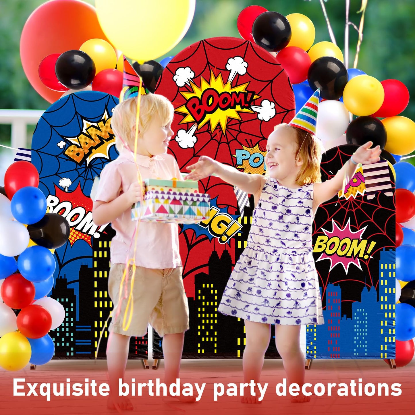 Tudomro 3 Pcs Spider Web Arch Backdrop Cover with Balloons Spider Birthday Party Decorations for Photo Props Indoor Outdoor Cosplay Wedding Baby Shower Backdrop Decor