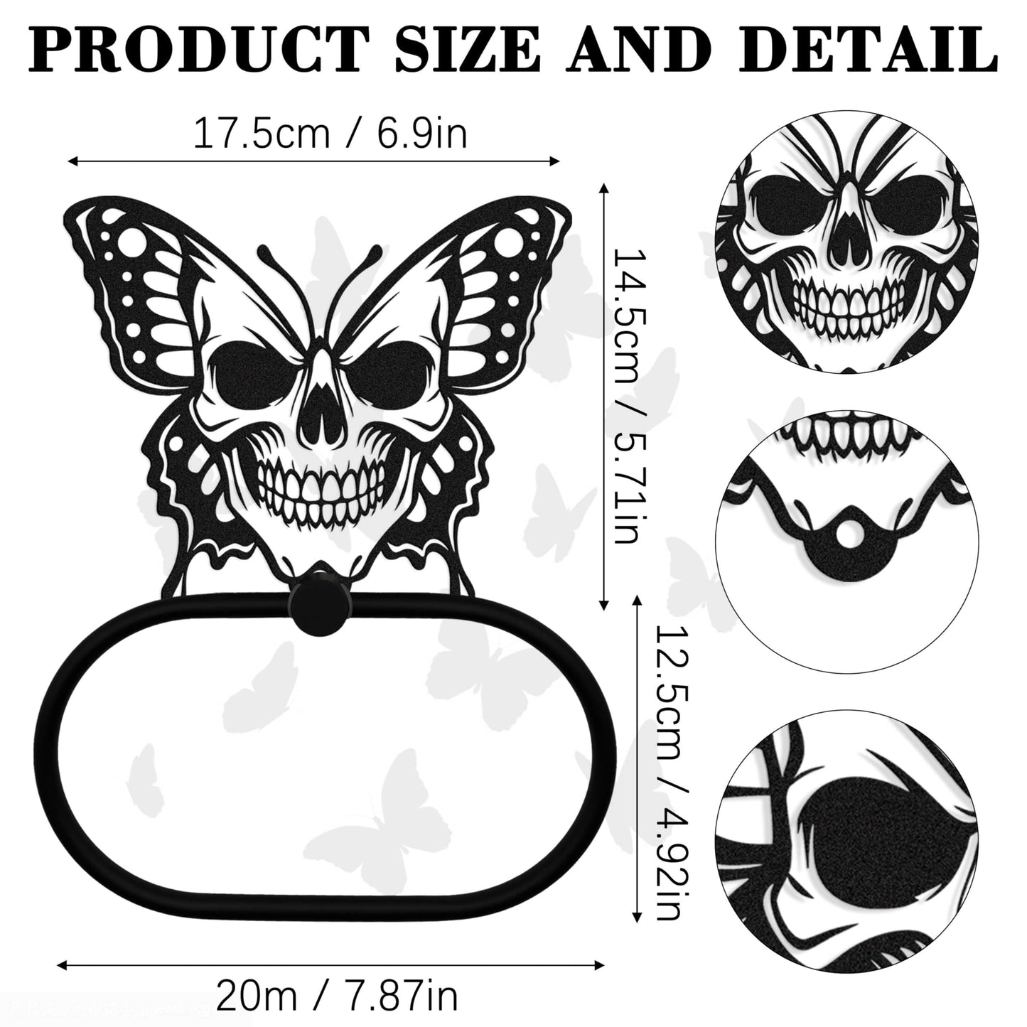 LumDecor Black Metal Gothic Skull Butterfly Towel Ring, Goth Witchy Skeleton Wall Hand Towels Holder, Gothic Bathroom & Kitchen Accessories, Wall Hanging Towel Rack Home Decor Gift Indoor Outdoor