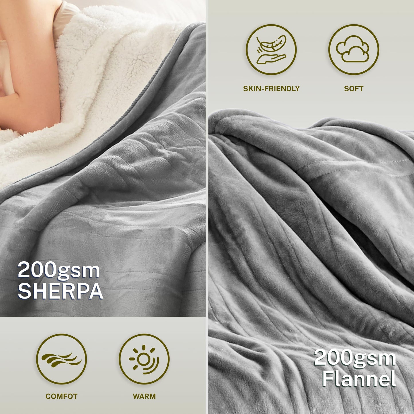 Heat Blanket 50”x60” Throw,Soft Flannel & Sherpa Reversible Electric Blanket with 10 Heat Settings,12 Timer Setting and 3 Hours Auto-Shut Off,ETL Certified Machine Washable,Light Brown