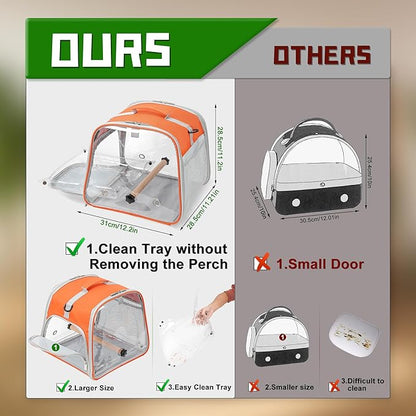 Small Bird Carrier, Large Window Travel Cage with Stand and Easy Clean Tray for Parrot Parakeet Cockatiels, Lightweight and Portable, Orange H