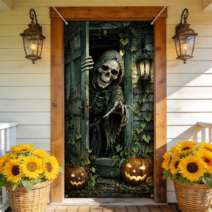 NYZE Halloween Skeleton Front Door Cover Banner, 35.4 x 70.8 Inch Pumpkin Vertical Hanging Door Backdrop, Indoor Outdoor Halloween Party Photography Decorations