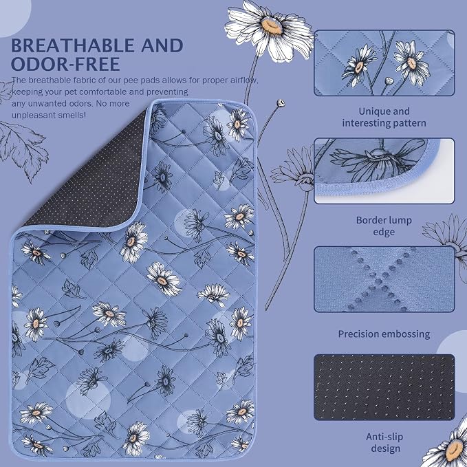 IEUUMLER Washable Pee Pads for Dogs, 2 Pack Non-Slip & Waterproof Pack Whelping Pad, Reusable Washable Puppy Potty Training Pad with Fast Absorbent for Playpen EU007 (Gray Blue Daisy, 36"X24"-2pcs)