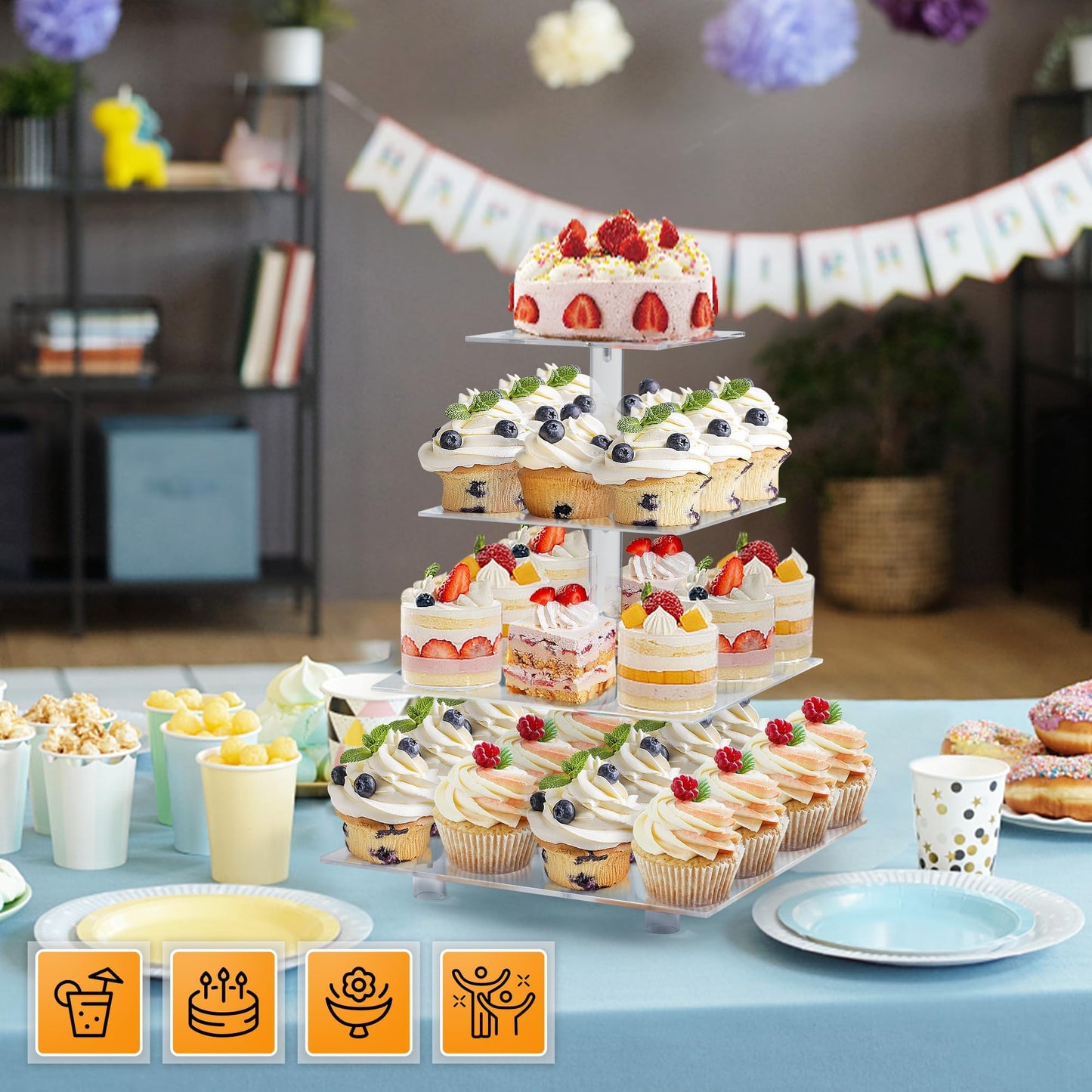 LoveDisplay Cupcake Stand, 4 Tier Cupcake Stand for 50 Cupcakes, Square Tiered Cupcake Tower, Clear Acrylic Cupcake Holder, Dessert Stands for Party, Wedding, Birthday, Baby Shower, Halloween