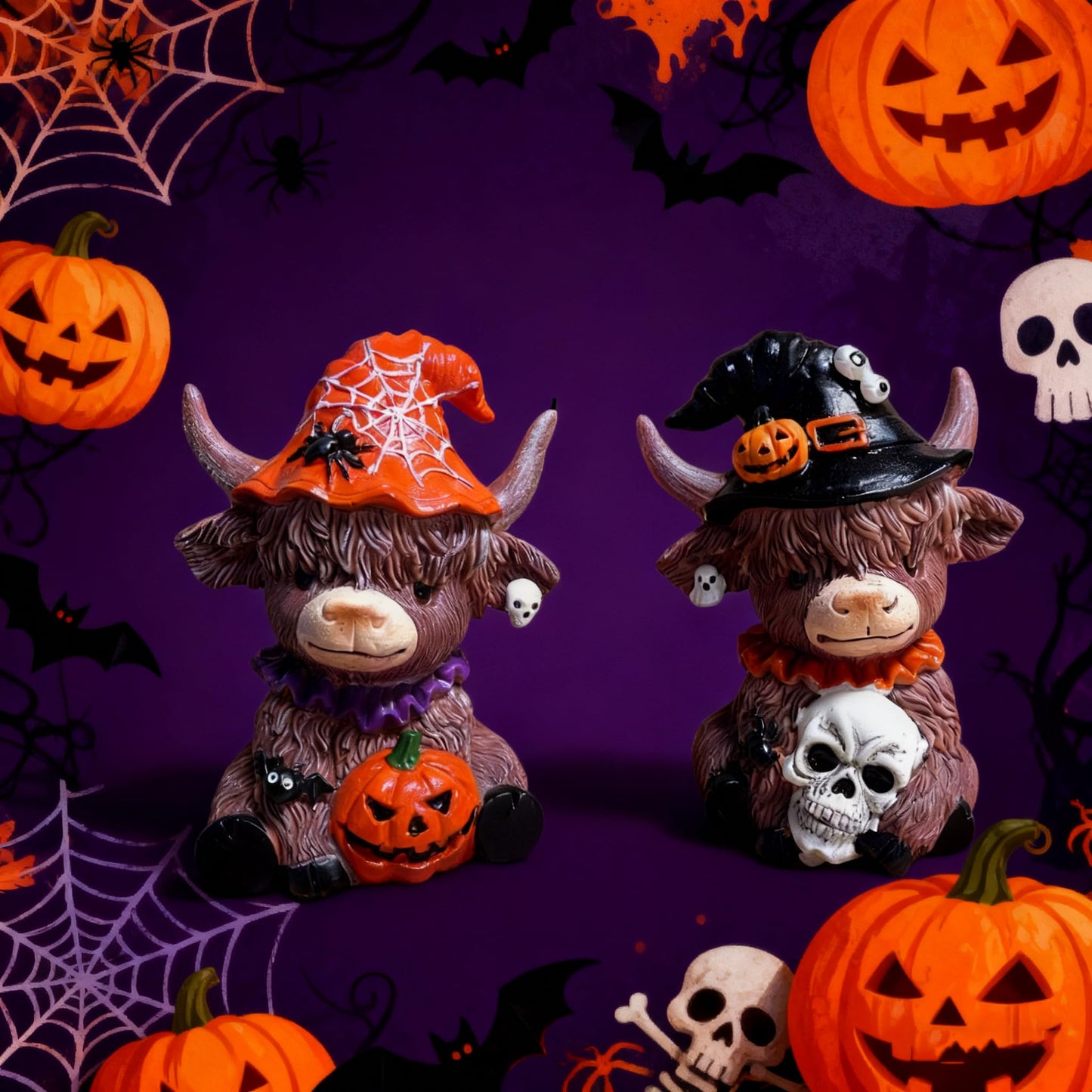 Bokynu Highland Cow Figurine Decor, Halloween Resin Highland Cow Statue Kitchen Decorations Indoor, Calf Lovers Gifts (2 Pcs)